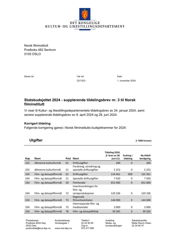 Forsiden av dokumentet Tildelingsbrev Norsk filminstitutt 2024 - tillegg nr. 3