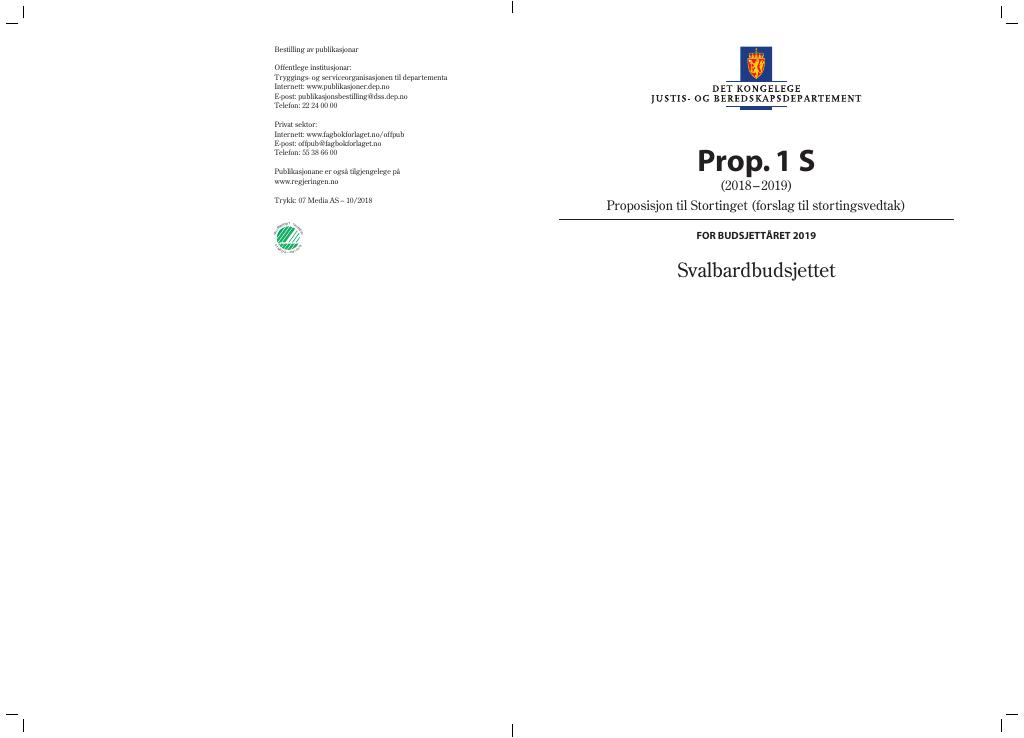 Forsiden av dokumentet Prop. 1 S (2018–2019)