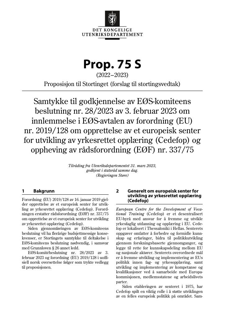 Forsiden av dokumentet Prop. 75 S (2022–2023)