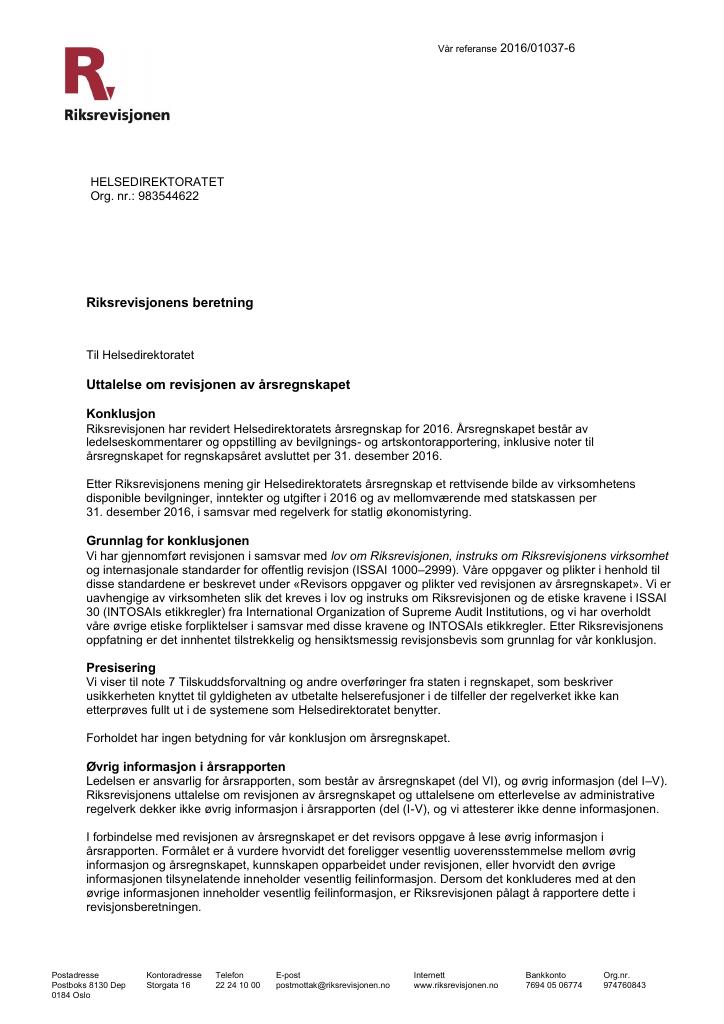 Forsiden av dokumentet Revisjonsberetning Helsedirektoratet 2016