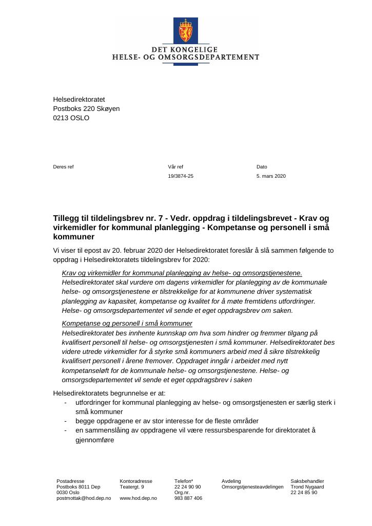 Forsiden av dokumentet Tildelingsbrev Helsedirektoratet 2020 - tillegg nr. 7