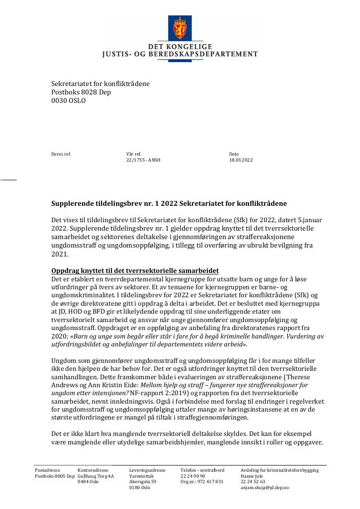 Forsiden av dokumentet Tildelingsbrev Konfliktrådet 2023, - tillegg nr. 1