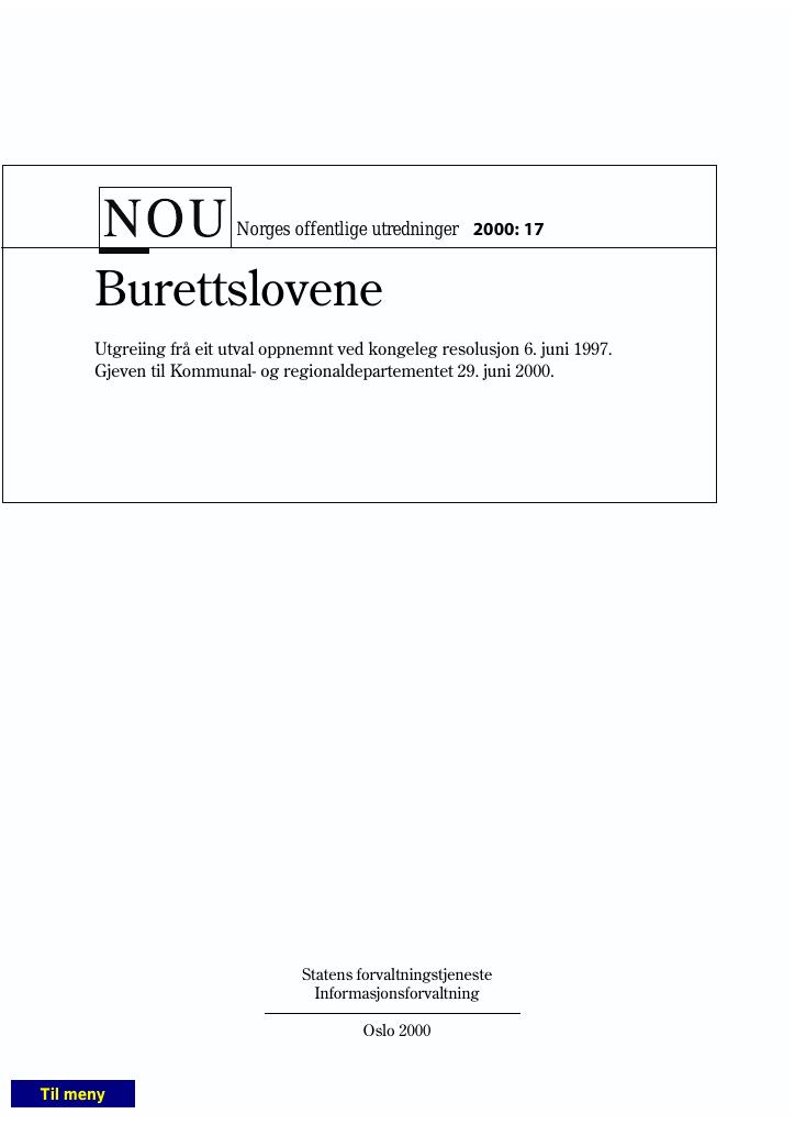 Forsiden av dokumentet NOU 2000: 17 - Burettslovene