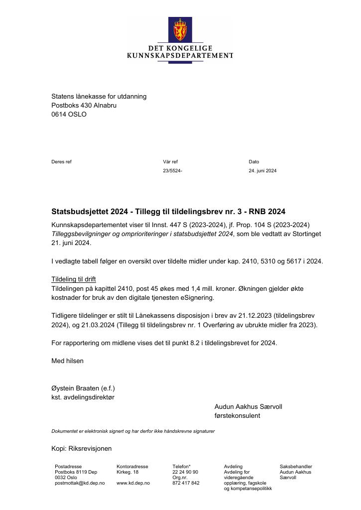 Forsiden av dokumentet Tillegg til tildelingsbrev Statens lånekasse for utdanning 2024