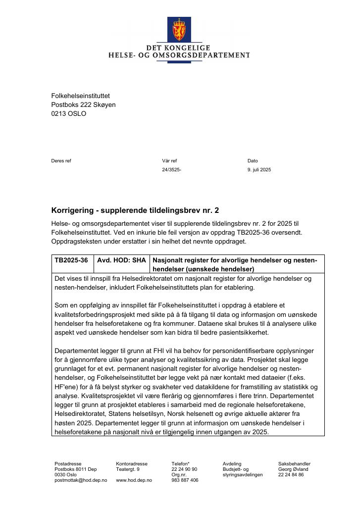 Forsiden av dokumentet Tildelingsbrev Folkehelseinstituttet 2025 - tillegg nr. 2 korrigering