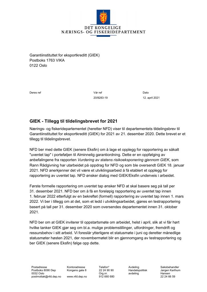 Forsiden av dokumentet Tildelingsbrev GEIK 2021 - tillegg