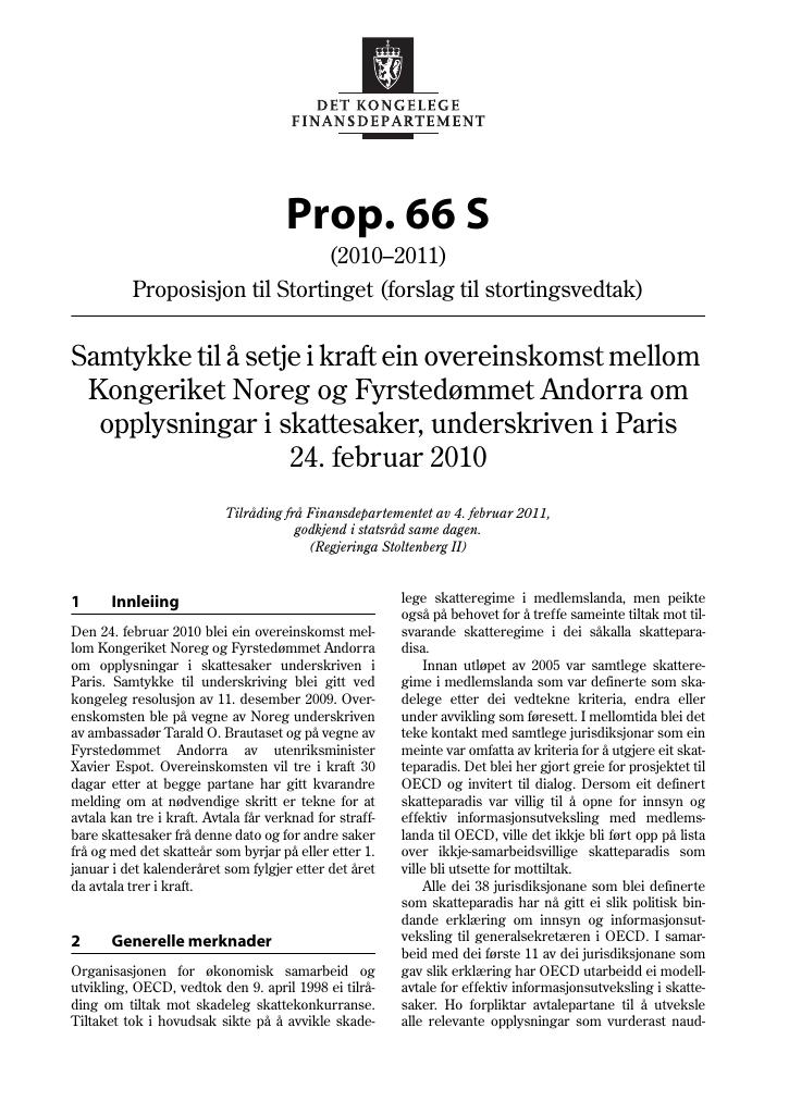 Forsiden av dokumentet Prop. 66 S (2010–2011)