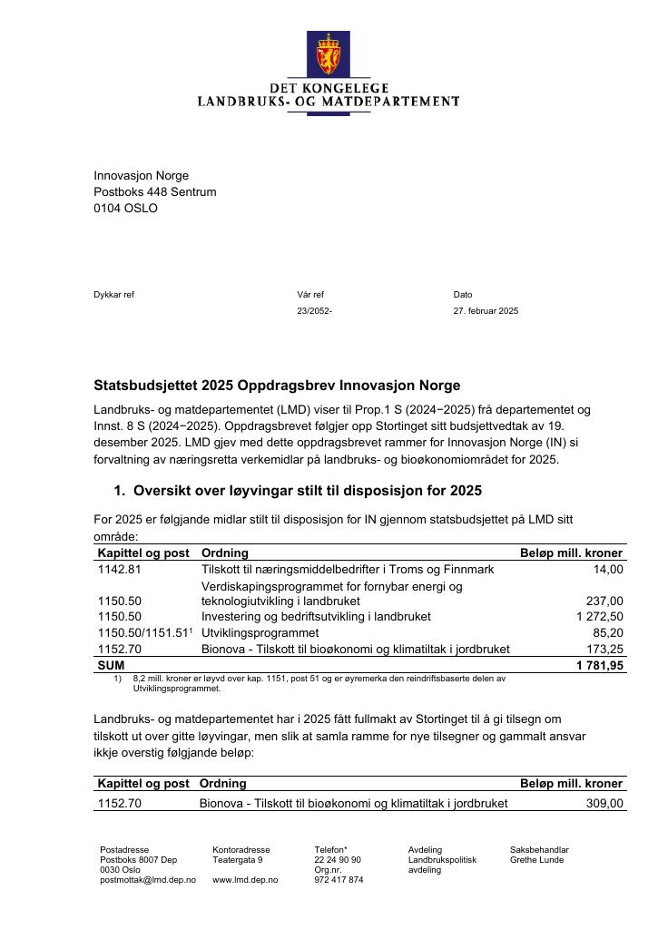 Forsiden av dokumentet Oppdragsbrev Innovasjon Norge 2025
