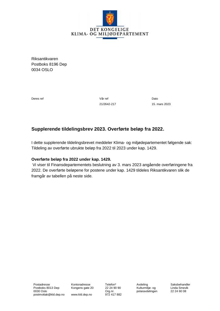 Forsiden av dokumentet Supplerende tildelingsbrev 15.03.2023