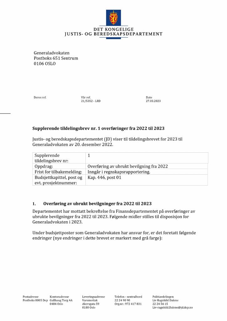 Forsiden av dokumentet Tildelingsbrev Generaladvokaten (Den militære påtalemyndighet) 2023 - tillegg nr. 1