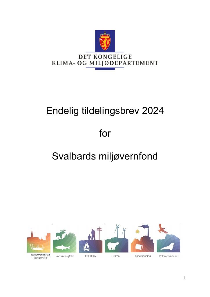 Forsiden av dokumentet Tildelingsbrev Svalbard miljøvernfond 2024