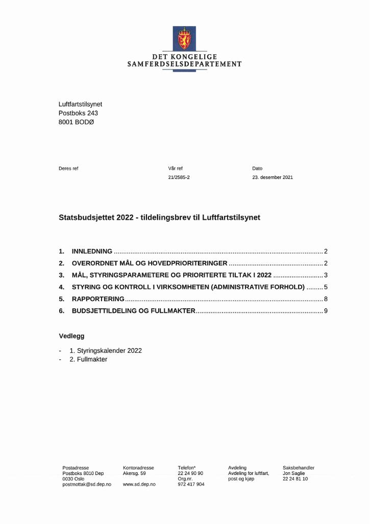 Forsiden av dokumentet Tildelingsbrev Luftfartstilsynet 2022