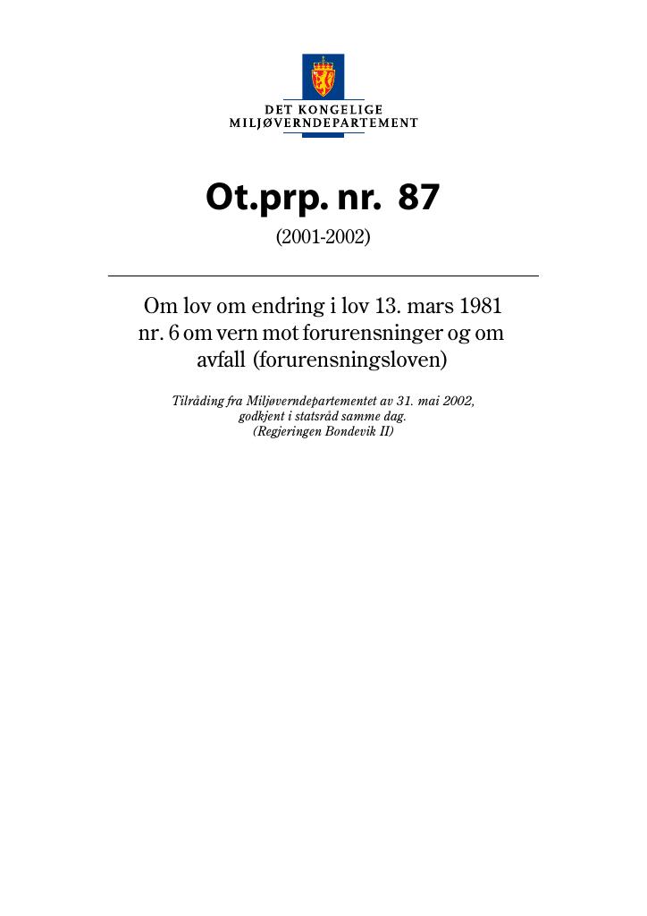 Forsiden av dokumentet Ot.prp. nr. 87 (2001-2002)