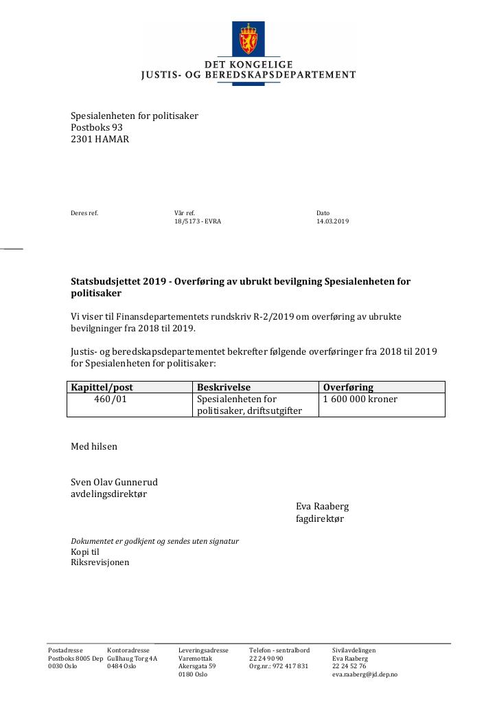 Forsiden av dokumentet Tildelingsbrev Spesialenheten for politisaker 2019 - tillegg nr. 3