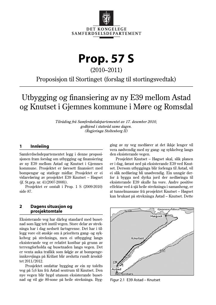 Forsiden av dokumentet Prop. 57 S (2010–2011)