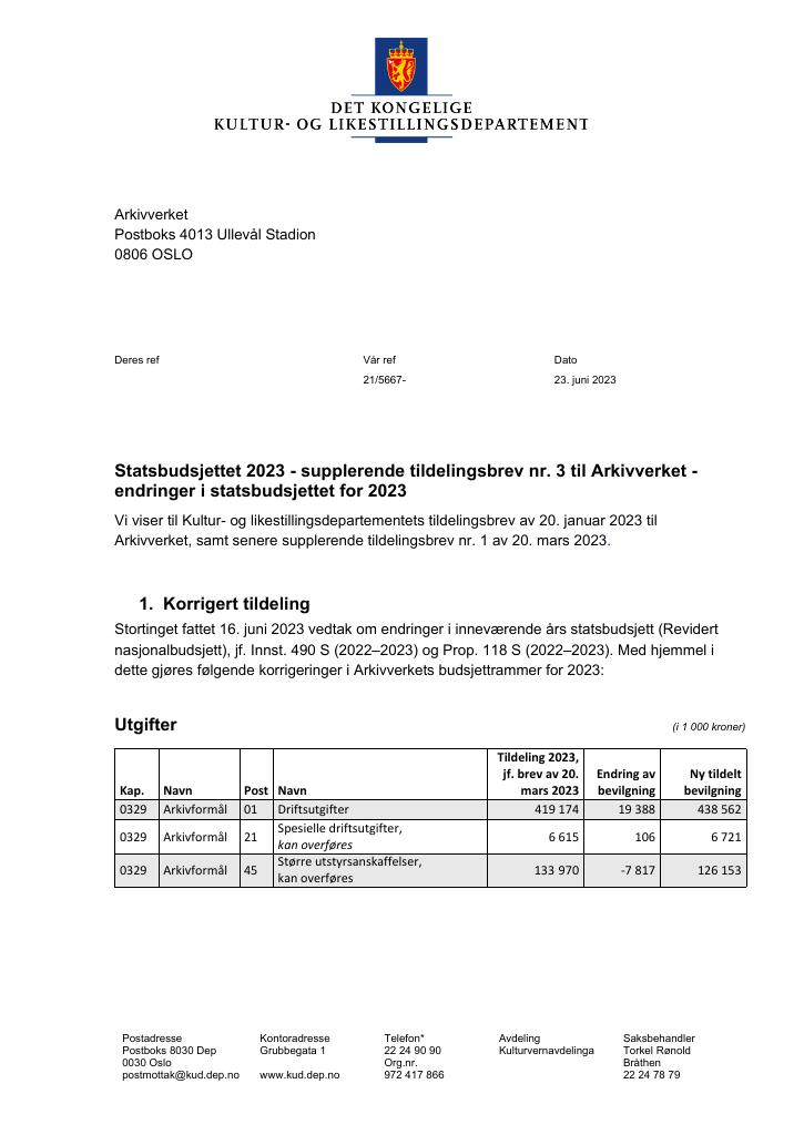 Forsiden av dokumentet Tildelingsbrev Arkivverket 2023 - tillegg nr. 2