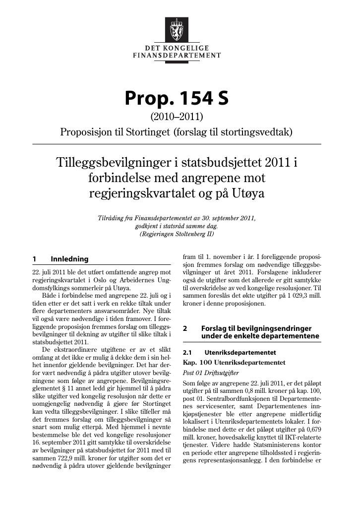 Forsiden av dokumentet Prop. 154 S (2010–2011)