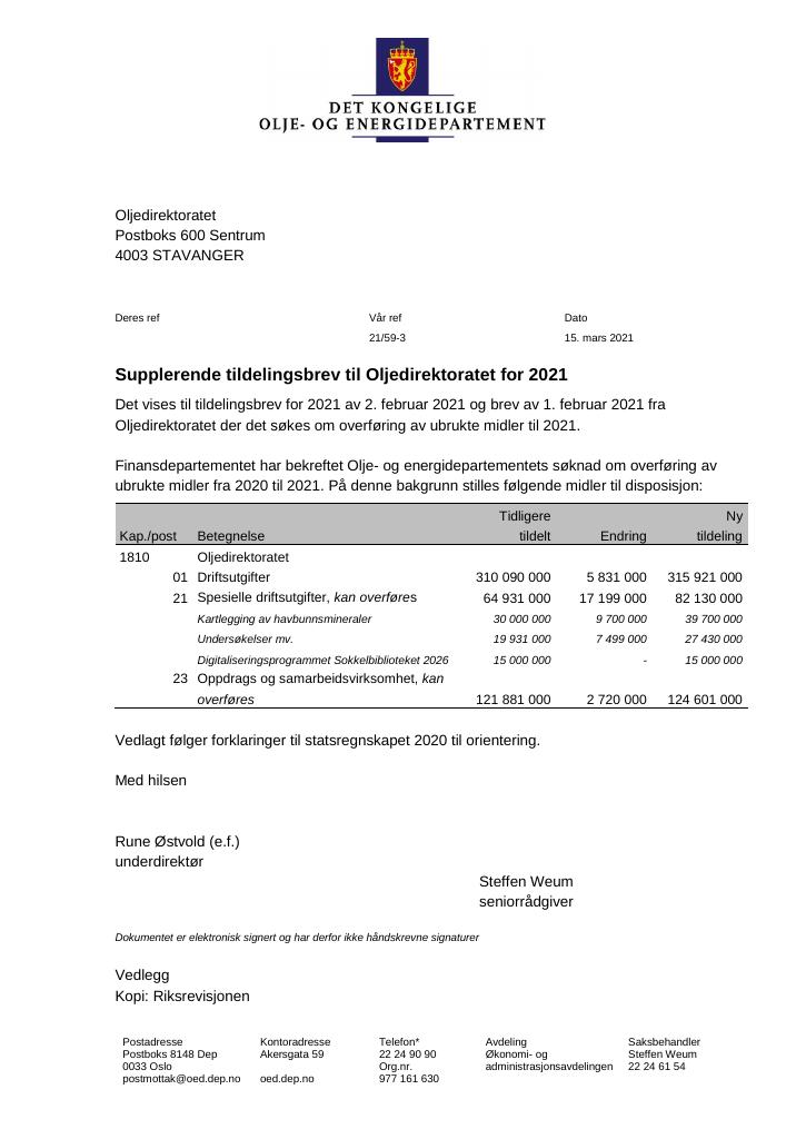 Forsiden av dokumentet Tildelingsbrev Oljedirektoratet 2021 - tillegg nr. 1
