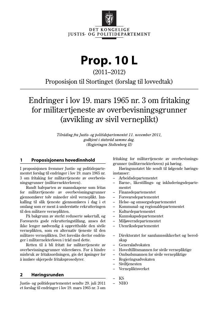 Forsiden av dokumentet Prop. 10 L (2011–2012)