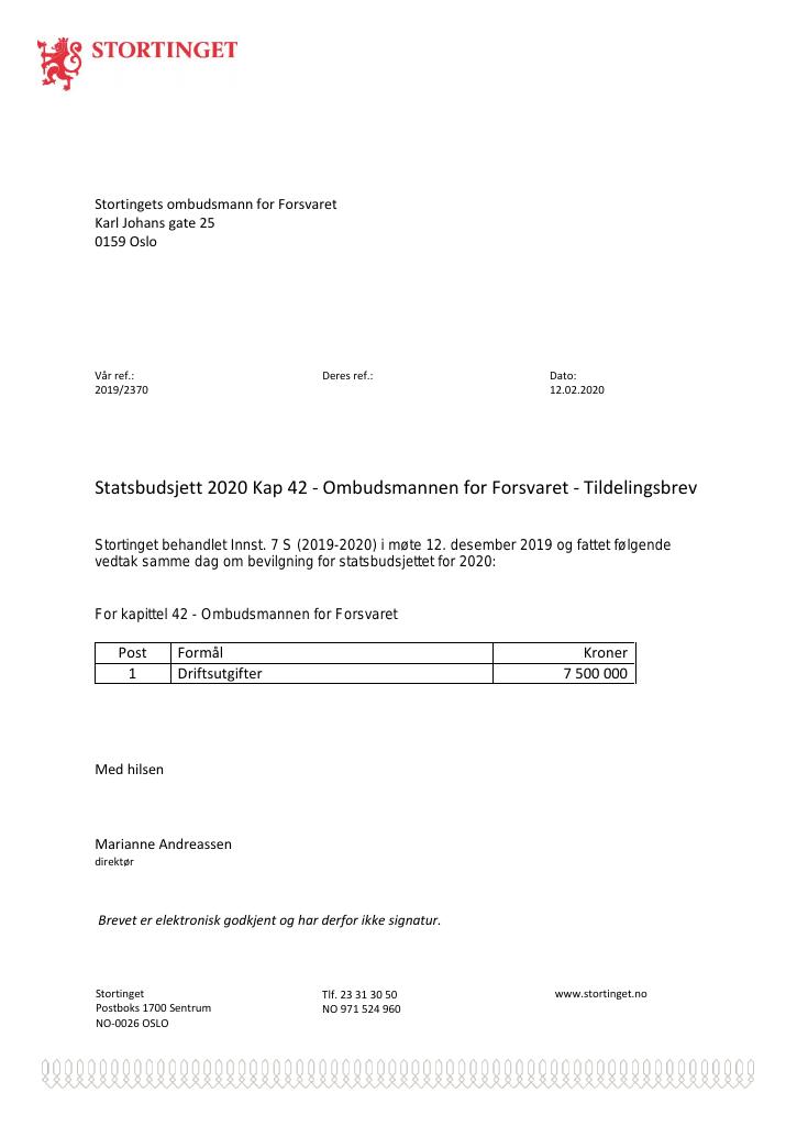 Forsiden av dokumentet Tildelingsbrev 2020 Stortingets ombudsmann for Forsvaret