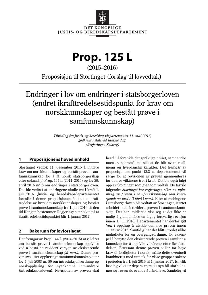 Forsiden av dokumentet Prop. 125 L (2015–2016)