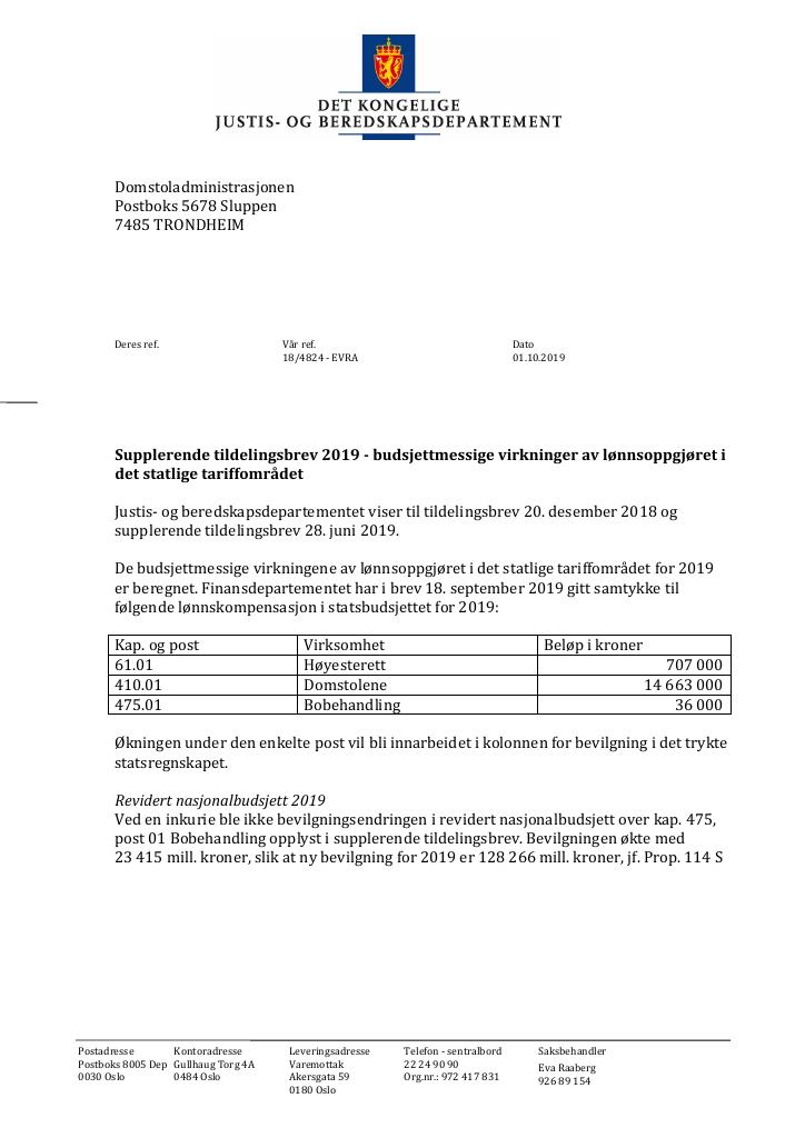 Forsiden av dokumentet Supplerende tildelingsbrev nr. 2 Domstoladministrasjonen 2019