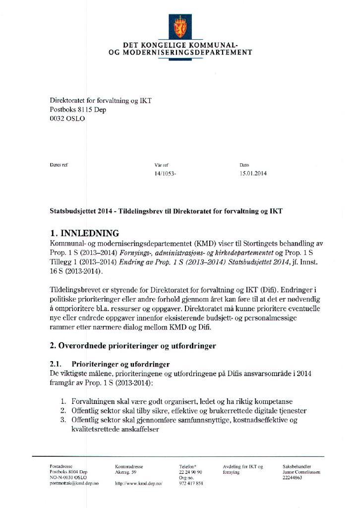 Forsiden av dokumentet Tildelingsbrev (pdf)