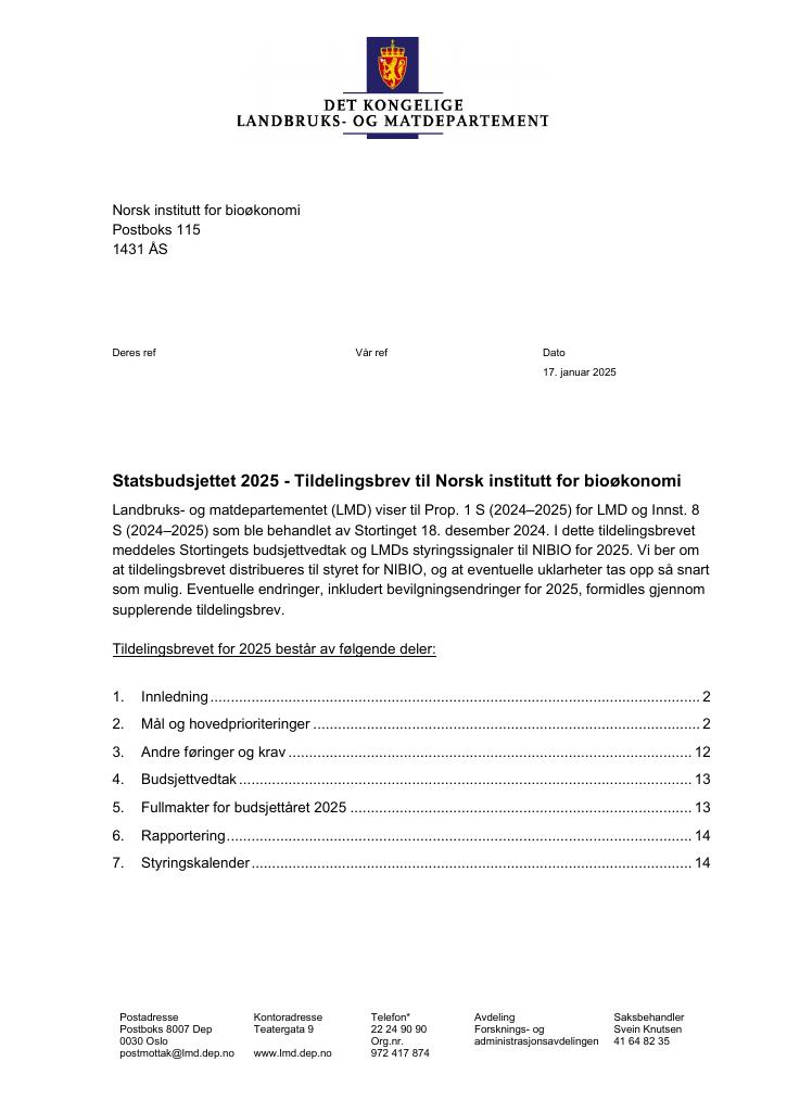 Forsiden av dokumentet Tildelingsbrev Norsk institutt for bioøkonomi 2025