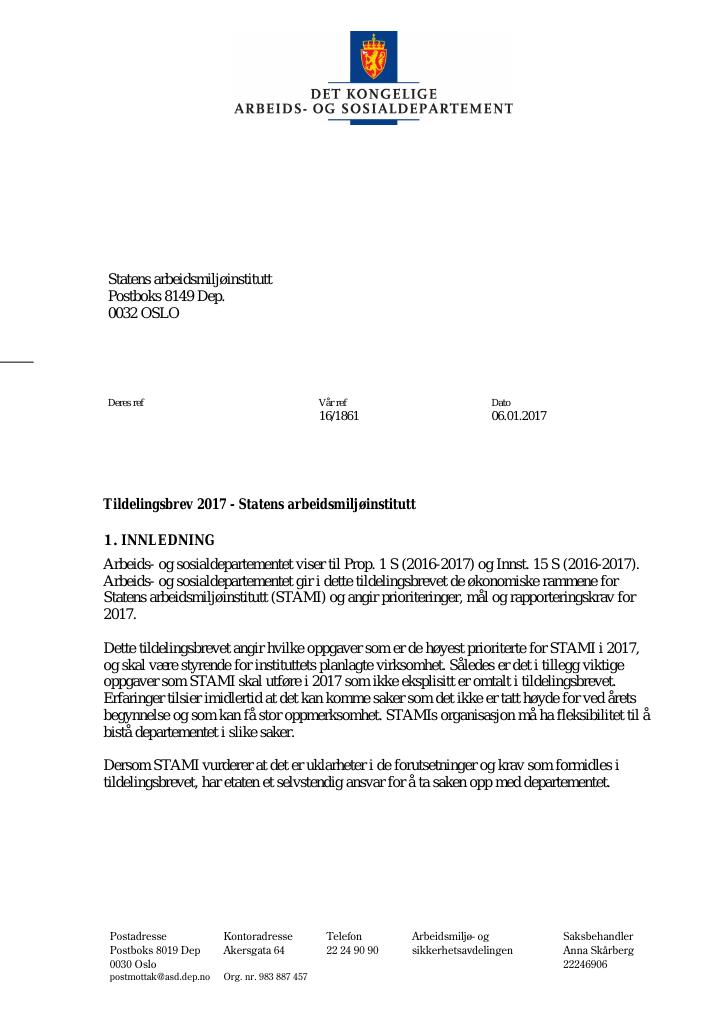Forsiden av dokumentet Tildelingsbrev (PDF)
