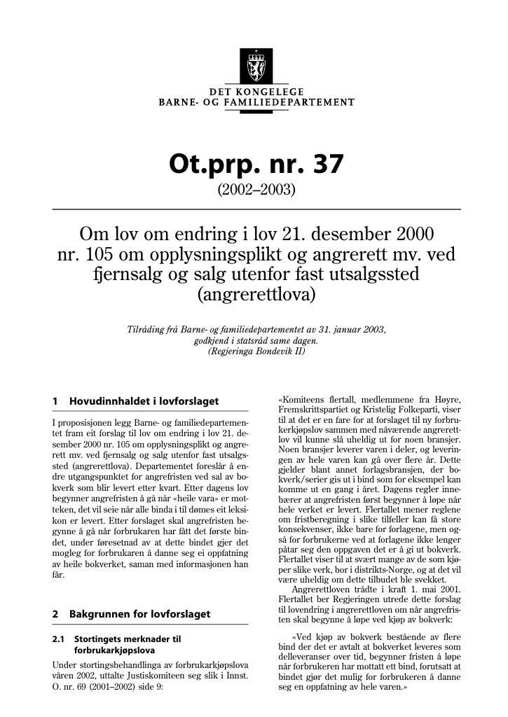 Forsiden av dokumentet Ot.prp. nr. 37 (2002-2003)