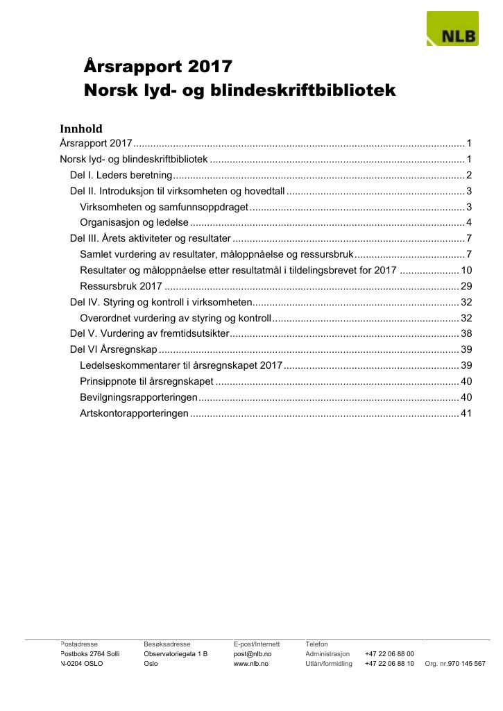 Forsiden av dokumentet Årsrapport Norsk lyd- og blindeskriftbibliotek 2017