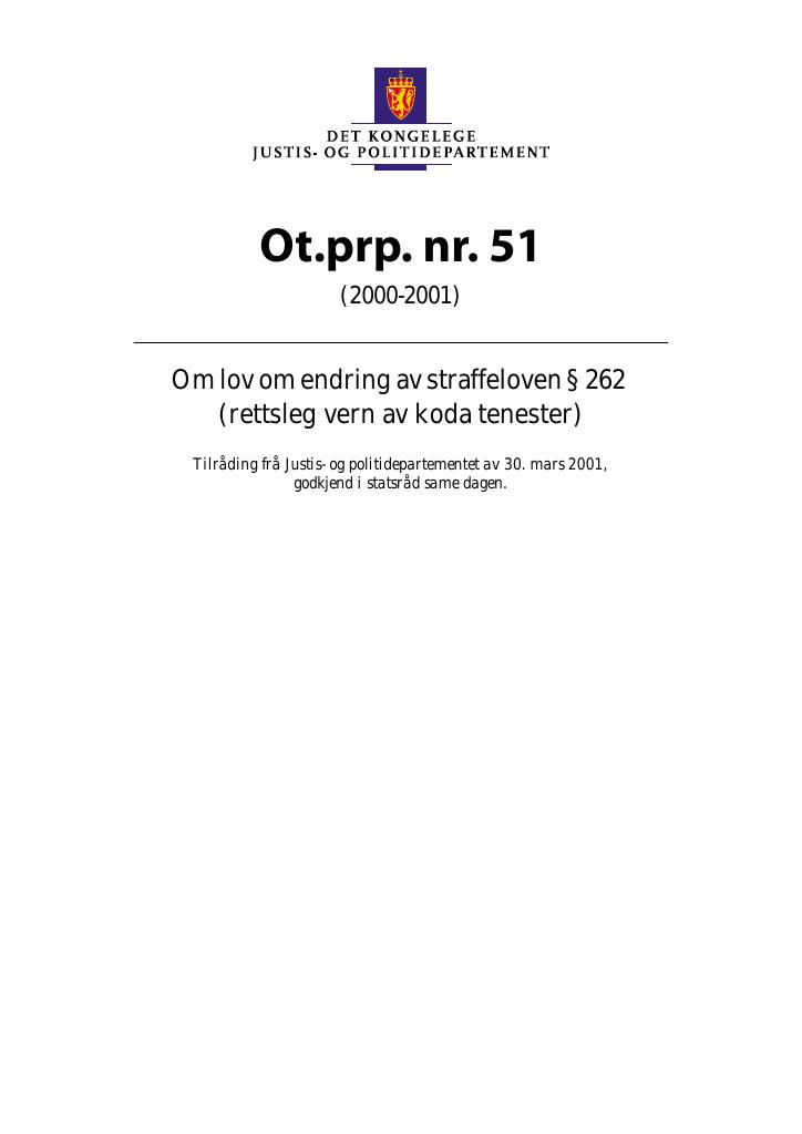 Forsiden av dokumentet Ot.prp. nr. 51 (2000-2001)