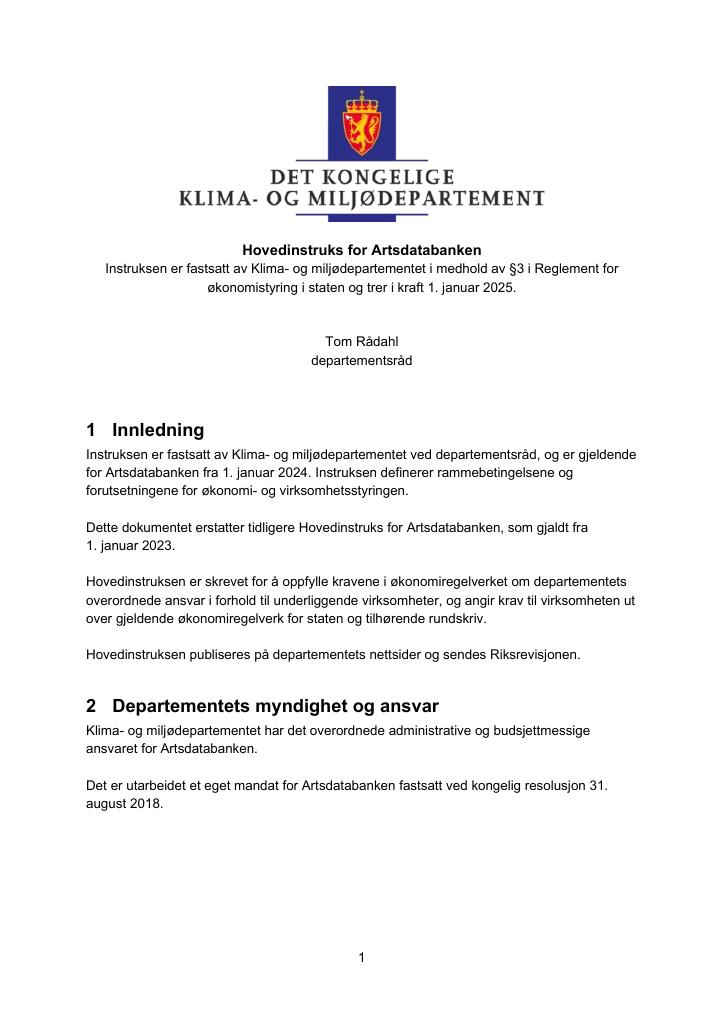 Forsiden av dokumentet Hovedinstruks for Artsdatabanken 2025