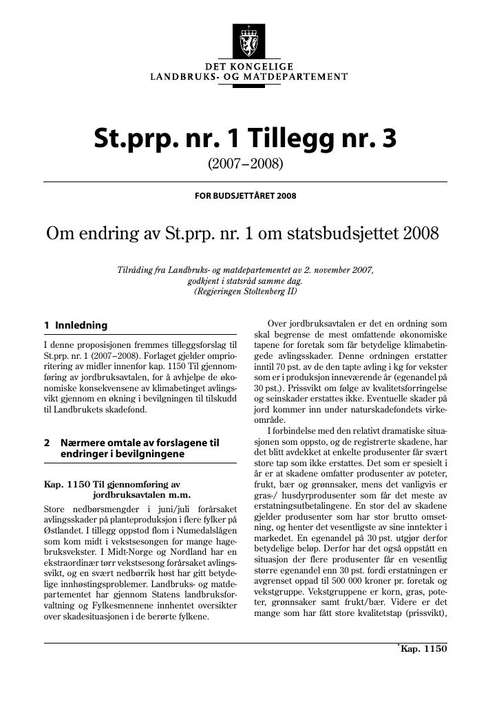 Forsiden av dokumentet St.prp nr. 1 Tillegg nr. 3 (2007-2008)