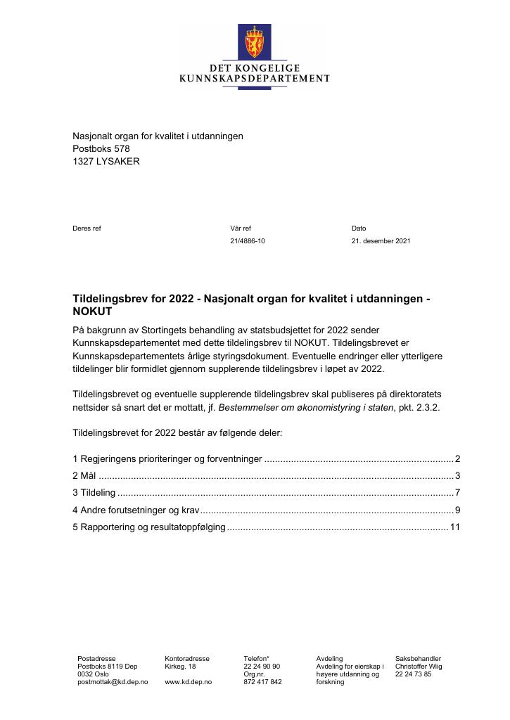 Tildelingsbrev Nasjonalt Organ For Kvalitet I Utdanningen 2022 - Kudos