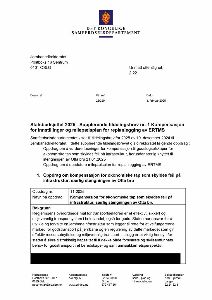 Forsiden av dokumentet Tildelingsbrev Jernbanedirektoratet 2025 - tillegg nr. 1
