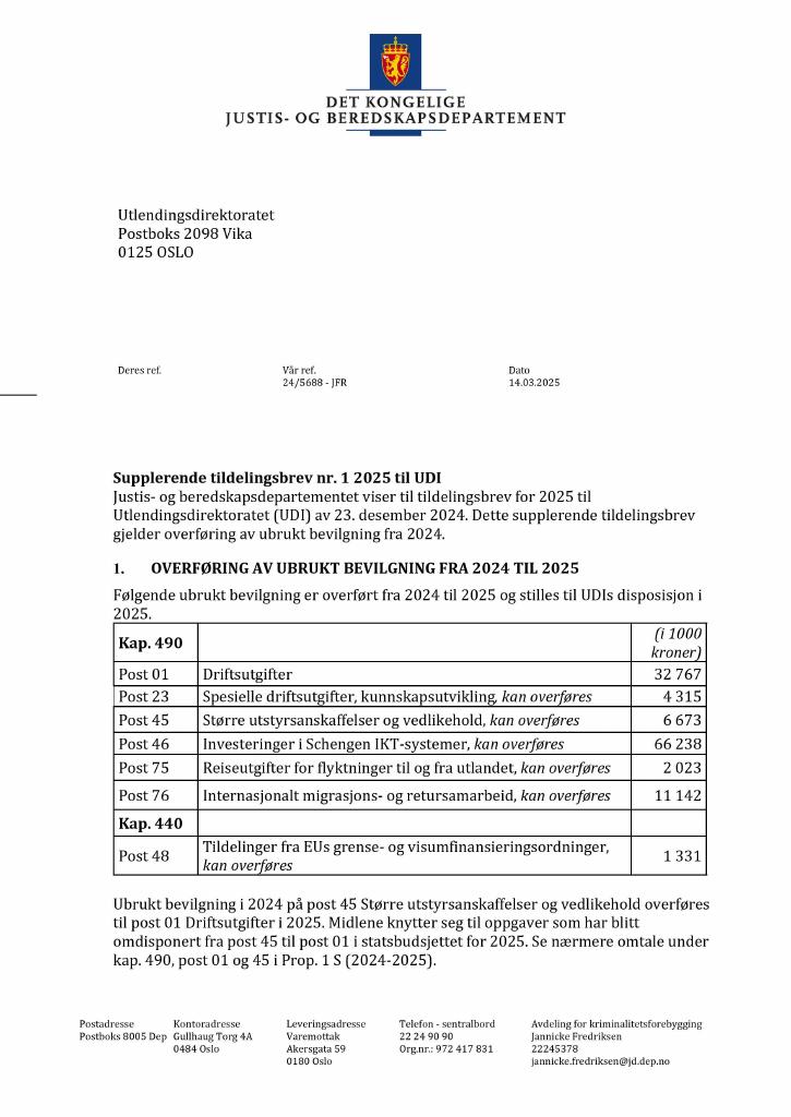 Forsiden av dokumentet Tildelingsbrev Utlendingsdirektoratet 2025 - tillegg nr. 1