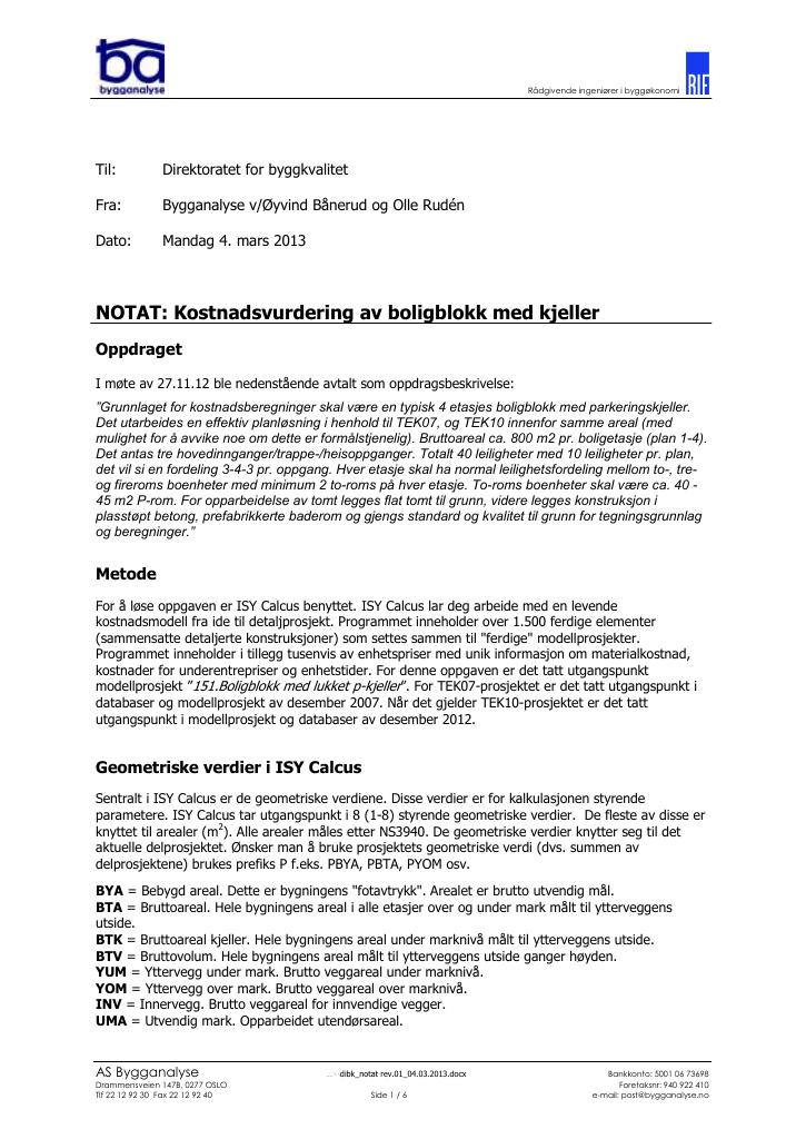 Forsiden av dokumentet Kostnadsvurdering av boligblokk med kjeller