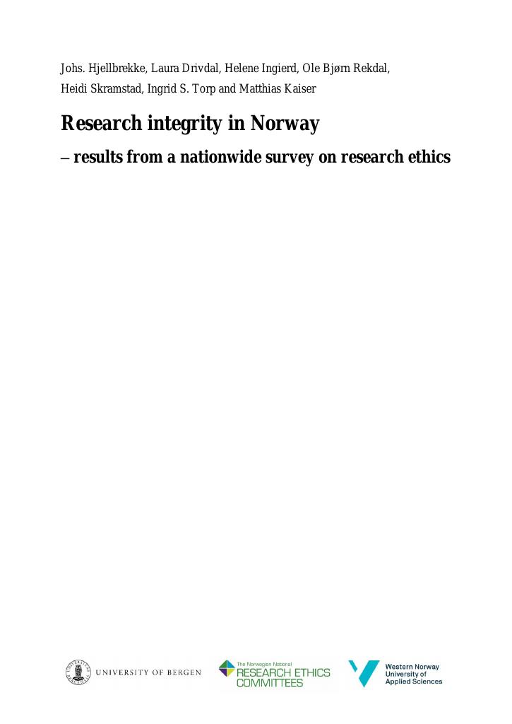Forsiden av dokumentet Research integrity in Norway : results from a nationwide survey on research ethics