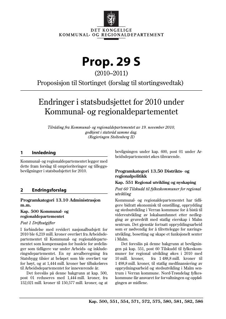 Forsiden av dokumentet Prop. 29 S (2010–2011)