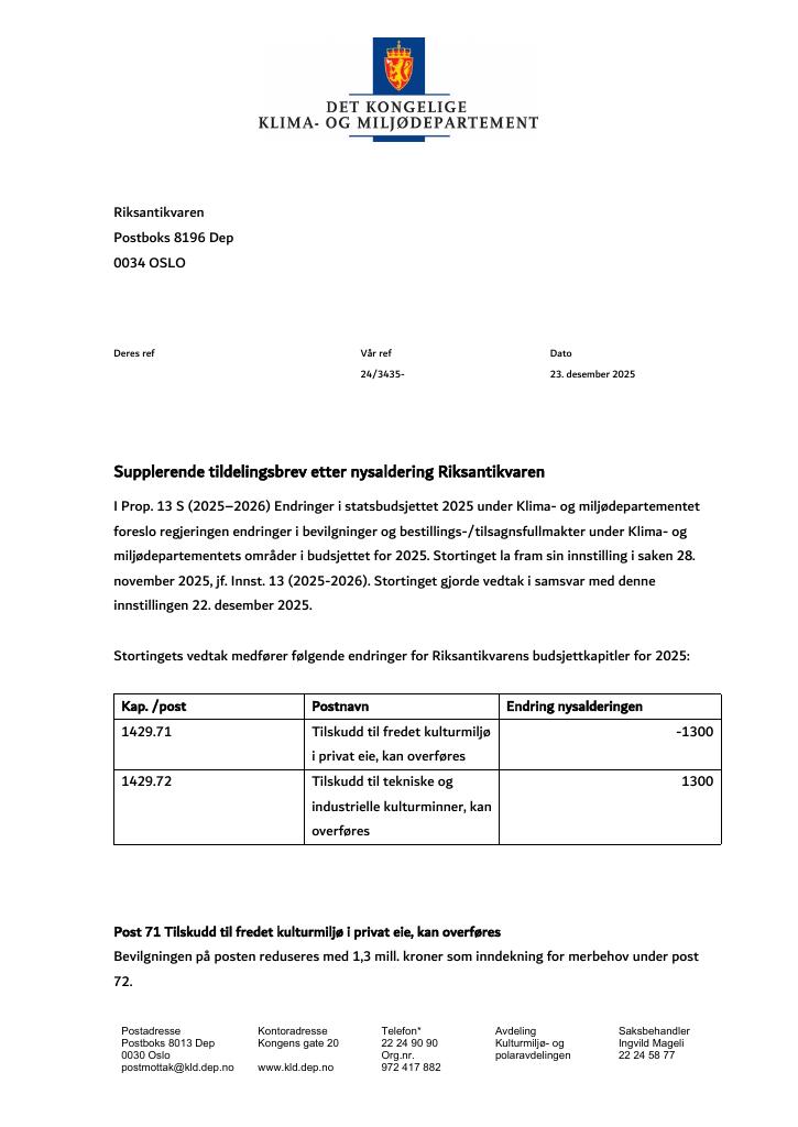 Forsiden av dokumentet Tildelingsbrev Riksantikvaren 2025 - tillegg nr. 23