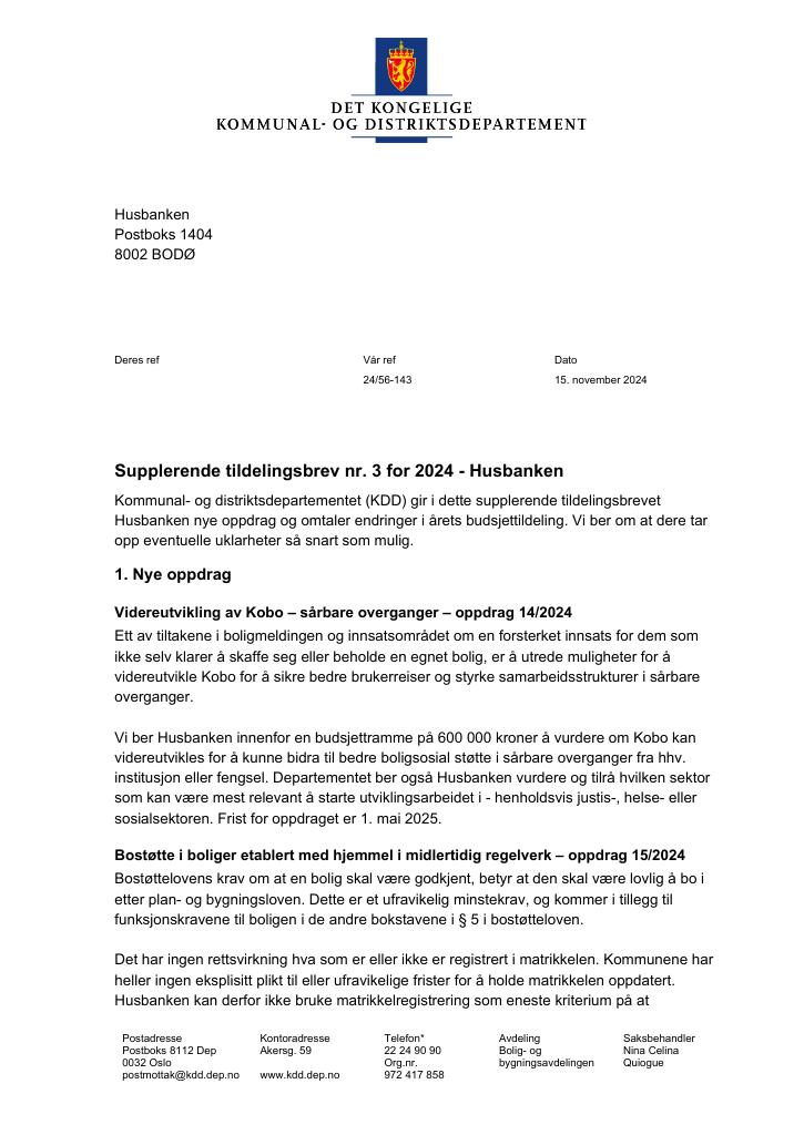 Forsiden av dokumentet Tildelingsbrev Husbanken 2024 - tillegg nr. 3