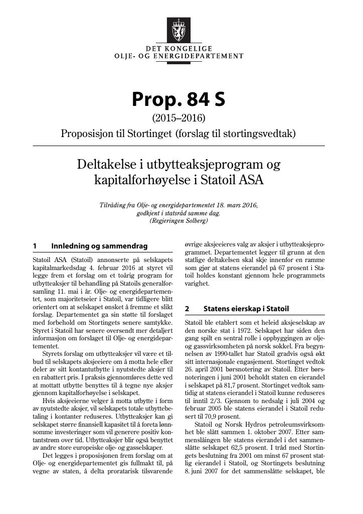 Forsiden av dokumentet Prop. 84 S (2015–2016)