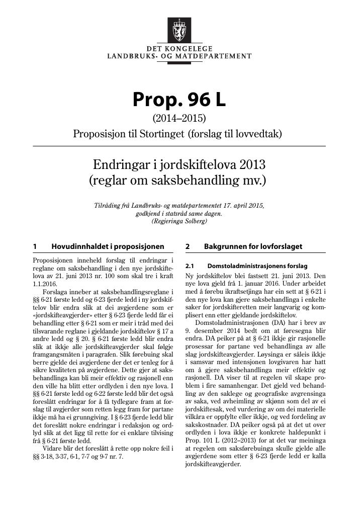 Forsiden av dokumentet Prop. 96 L (2014-2015)