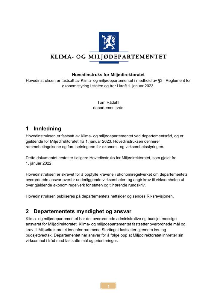 Forsiden av dokumentet Hovedinstruks Miljødirektoratet 2023