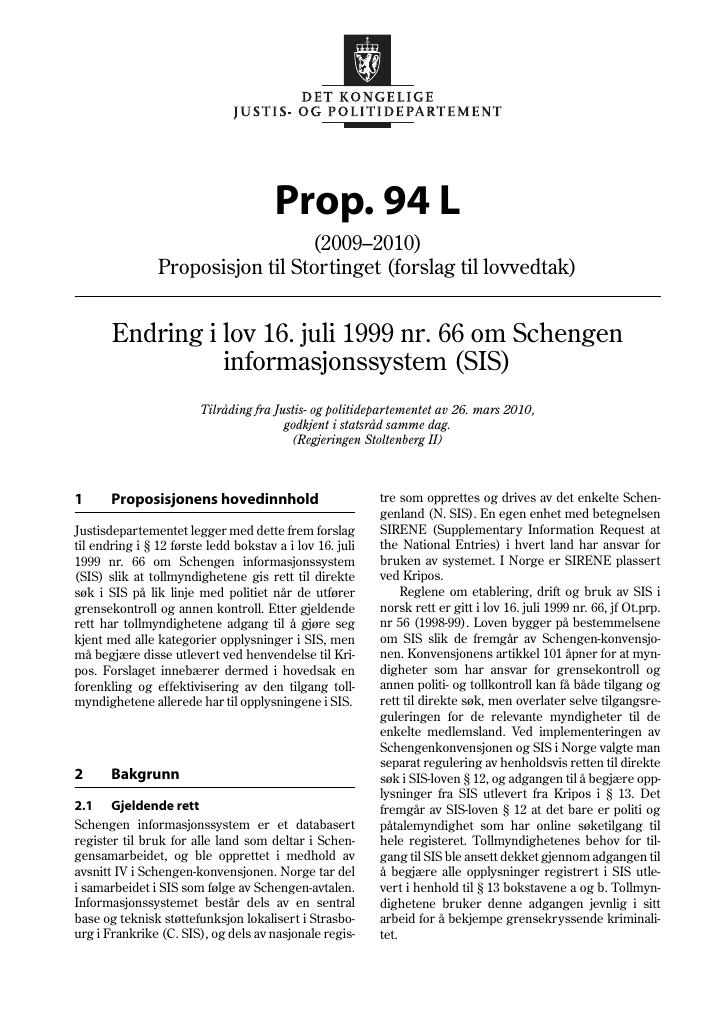 Forsiden av dokumentet Prop. 94 L (2009–2010)