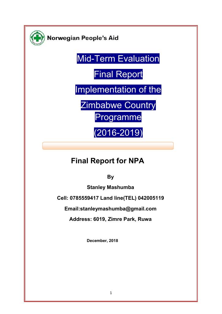 Forsiden av dokumentet Implementation of Norad Programme, Zimbabwe Country Programme 2016-2019