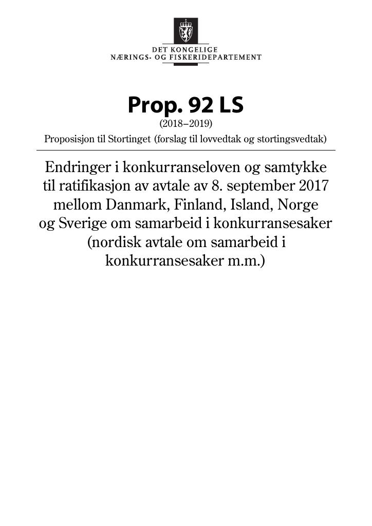 Forsiden av dokumentet Prop. 92 LS (2018–2019)