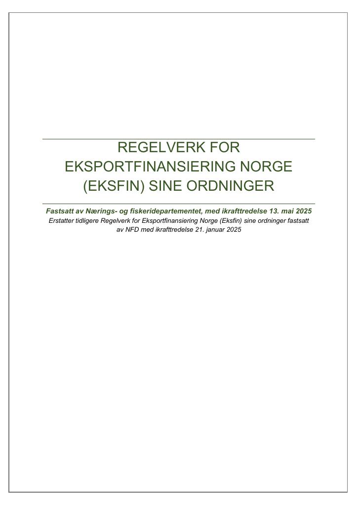 Forsiden av dokumentet Regelverk for Eksportfinansiering Norge (Eksfin) sine ordninger
