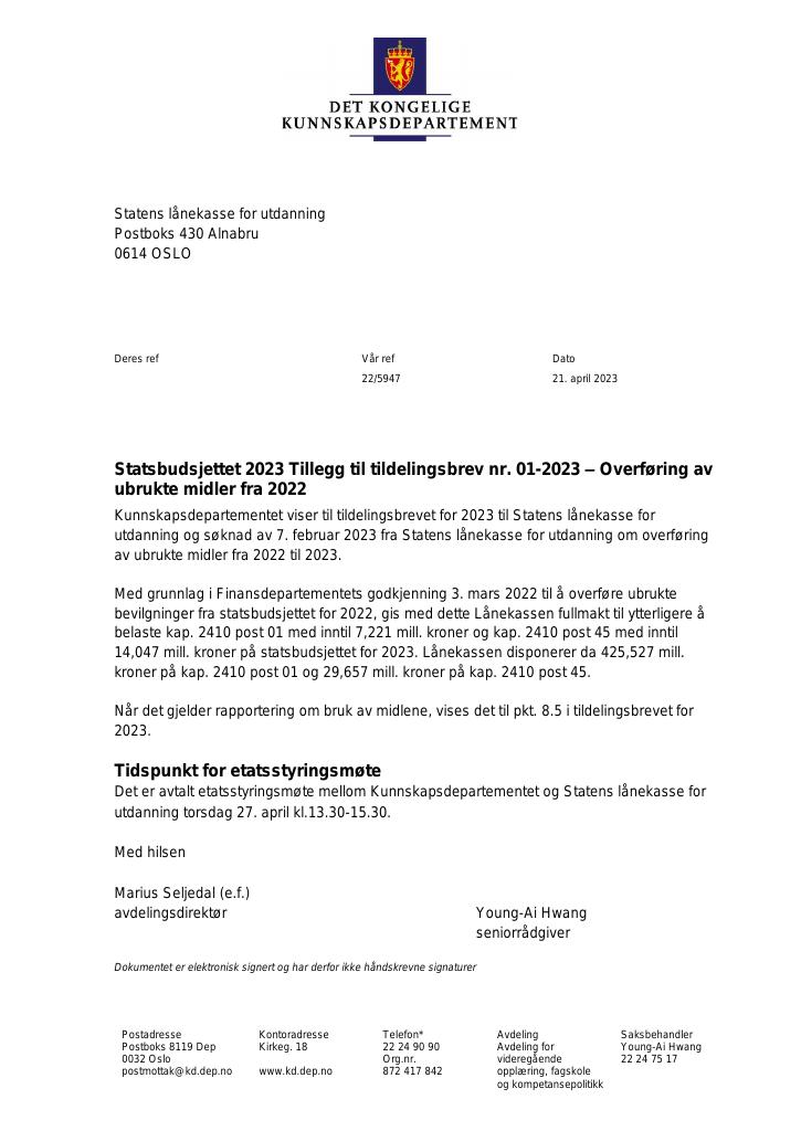 Forsiden av dokumentet Tildelingsbrev Lånekassen 2023 - tillegg nr. 1